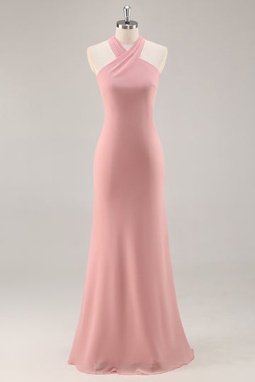 Blush Halter Mermaid Chiffon Long Bridesmaid Dress with Bow